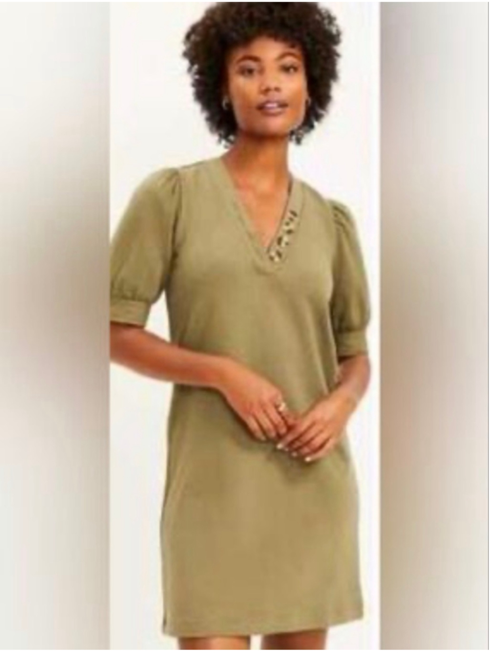 LOFT Olive Green V Neck Dress with Puff Sleeves Size M NEW with tags